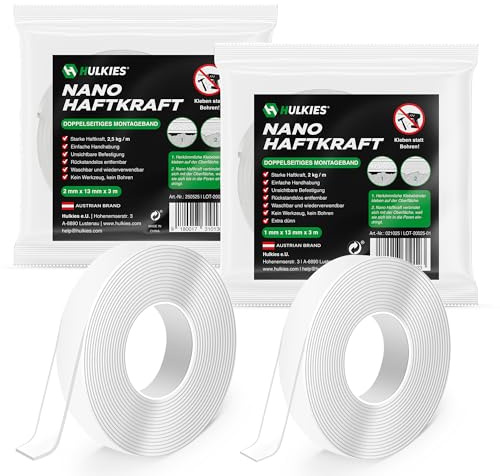 Hulkies Nano Haftkraft Montageband - Doppelseitiges Klebeband Klar, 1mm & 2mm Dicke x13mm Breite x 6m Länge, extra stark, rückstandsfrei, wiederverwendbar, Kleben statt Bohren!