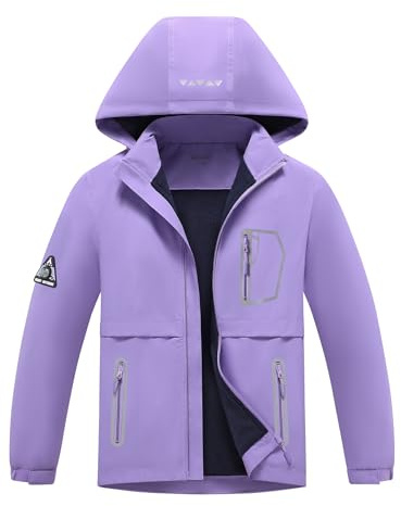 BuyiRen Boys Girls Windbreakers Jacket Rain Jackets Hooded Raincoat Fleece Lined Rain Coats for Kids, Purple, 14-16 Years