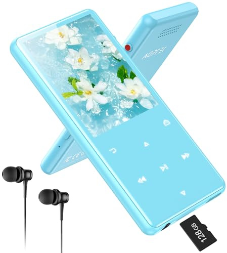 AGPTEK 128 GB MP3 Player mit Bluetooth 5.4, 2,4 Zoll Musik-Player | mit One-Click-Aufnahme, eingebautem Lautsprecher und FM-Radio, Tragbarer Metall-Player mit Touch-Tasten, Blau