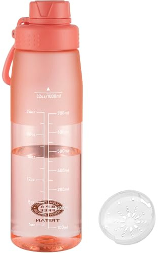 GOPPUS 1L/32oz Clear Tritan Water Bottle with Screw Lid, Drinks Bottle with Wide Mouth, Fruit Infuser, Leakproof, BPA Free, Carry Handle, Measurement Markings, Dust Cap (Peach Pink)