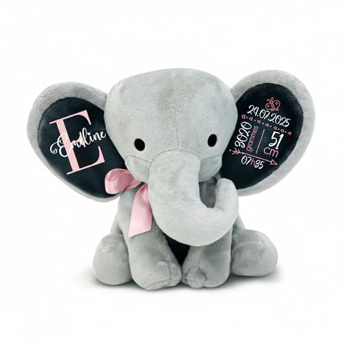 Love Faith Peluche éléphant personnalisée - Gris/Rose - Cadeau Naissance