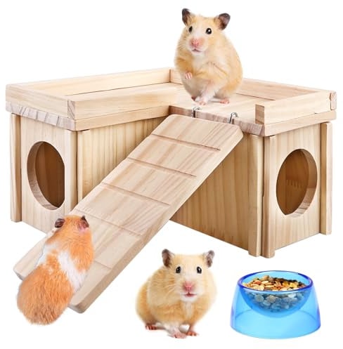 SUNOYA Groß Meerschweinchen Haus, Hamsterhaus Aus Holz Mit Treppen Und Futternapf, Hamsterverstecke Plattform, Hamster Haus Aus Holz, Hamster Eckhaus Für Kleine Tiere, Mäuse Gerbils
