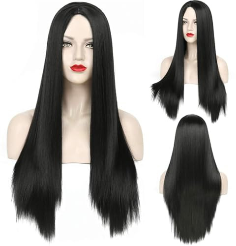 Basetousual Schwar z Mittelscheitel Perückes, Schwarz e Cosplay Perücke, 70cm Schwarz Perück e, Schwarze Perücke Für Cosplay Und Karneva, Schwarze Glatte Perücke Für Frauen Und Männer (Schwar z)