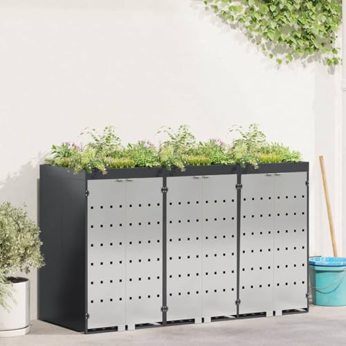 ACAGALA Mülltonnenbox 3 er mit Pflanzendach | Mülltonnenhaus für r 3X Tonnen 120 und 240 Liter aus Edelstahl | Mülltonnenlager mit Pflanzerdach Anthrazit | Ablauf | Belüftet | 65 x 73 x 113 cm