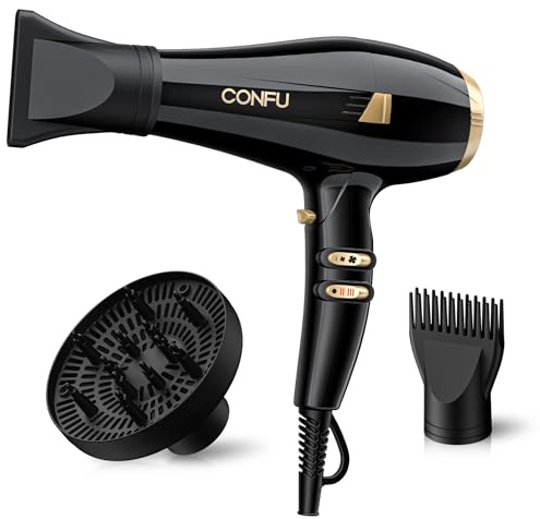 CONFU Föhn Profi Fön Ionen Haartrockner 2300W Haarfön mit Diffusor StylingDüse 2 Geschwindigkeit und 3 Heiz AC Motor Schnell Trocken Leistungsstark Haarföhn für Haarsalon und Familie (schwarz)