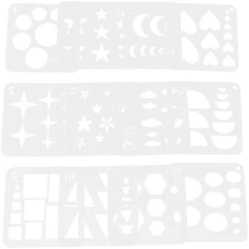 Geometrische Schablonen 12 Stück, Kunststoff für Kinder und Schüler | Wiederverwendbar, für Leinwand und Stoffmuster, Stern und Blumenformen, Weiß