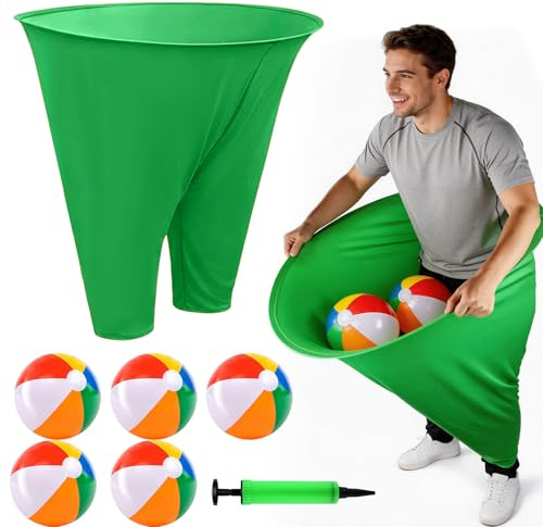 HZOUHONG Pantalon de grand-mère pour jeux de cour - Pantalon amusant extensible avec 5 balles rebondissantes et 1 pompe à ballons, jeux de plein air, jeux de jardin, pour équipe et fête de famille
