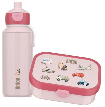 Mepal Set Brotzeitdose & Trinkflasche personalisiert, Brotdose Kinder mit Fächern, Lunch Box & Wasserflasche mit Name, auslaufsicheres Bento Box Set mit buntem Aufdruck Fahrzeuge (pink)