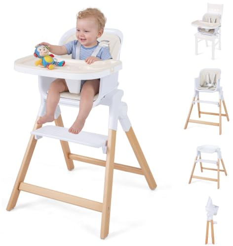 COSTWAY 4 in 1 Hochstuhl Baby klappbar, Kinderhochstuhl mit Tablett (Beige) | Babyhochstuhl mit Fußstütze, abnehmbarem Sitzkissen, Sicherheitsgurt, Babystuhl aus Holz für Baby von 6-36 Monaten