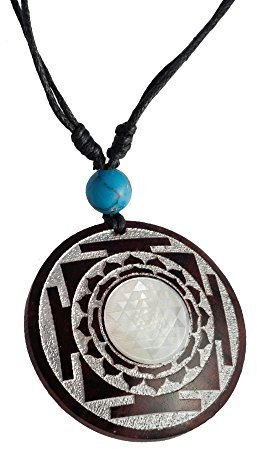 CHICNET Holzkette Perlmutt verstellbar Baumwolle Muschel Kette Holz Gold Silber rund | Yinyang Om Baum des Lebens Thor Hammer Allsehendes Auge Halskette Herren Damen Anhänger Sri Yantra dunkel