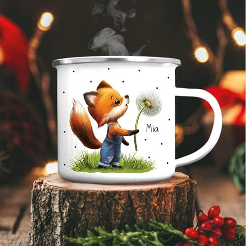 Wandtattoo Loft Emaille Campingbecher Fuchs mit Pusteblume Kaffeebecher personalisiert mit Wunschnamen, Geburtstagsgeschenk, silber