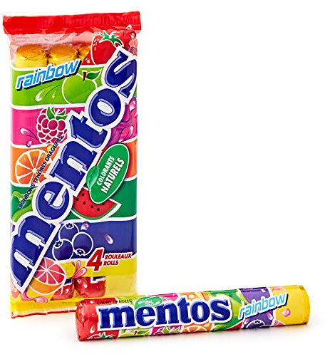 MENTOS - Pack de 4 Rouleaux Rainbow- Bonbons Tendres et Croquants -7 fruits assortis