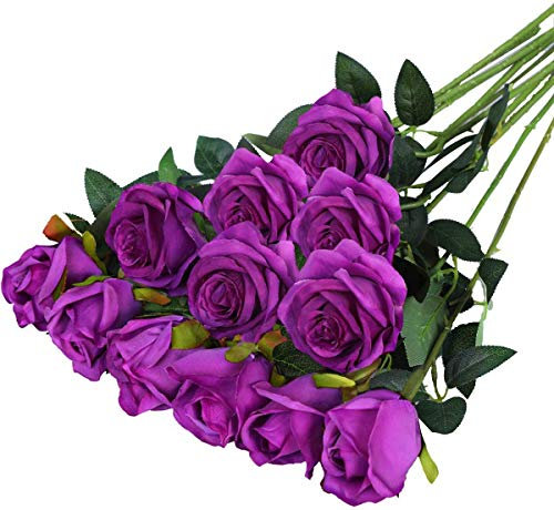 Hawesome 12pcs künstliche Rosen Seidenrosen Kunstblumen 6 Blüten & 6 Knospen Blumenstrauß Dekoration Hochzeit Wohnzimmer Party Blumenarrangement Cafe dekorative Blumen rot weiß rosa violett