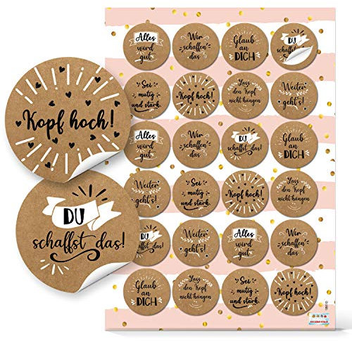 Spruchaufkleber, 24er Set: Runde Sticker mit Sprüchen, Aufkleber Mut Rund, Mutmacher Spruch, Geschenkaufkleber Sprüche, Zum Aufkleben, Motivationssticker, Give-Away Kraftpapier, Klein, ⌀ 4 cm