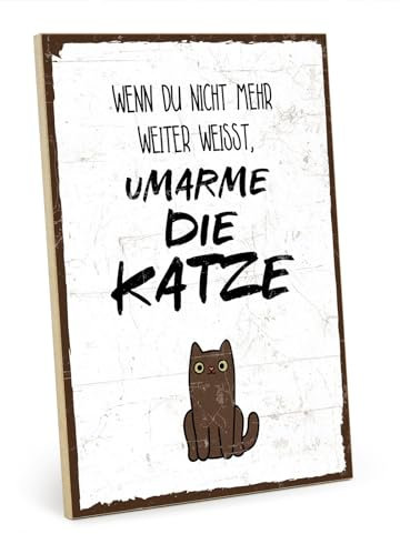 TypeStoff Holzschild mit Spruch – Umarme die Katze – im Vintage-Look mit Zitat als Geschenk und Dekoration zum Thema Miau und Trost - HS-00261