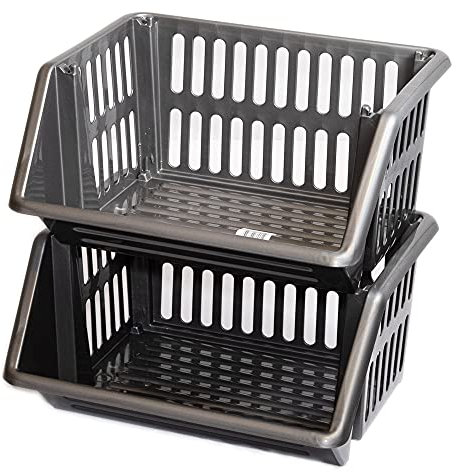 New Stacking Baskets Storage Veg Rack Plastic Stackers, Creme, Grey, Length 36 cm x Depth 30 cm x Height 17.5 cm (Grey, 2 racks)