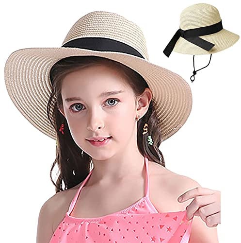 Girls Floppy Straw Hat Sun Hat for Teens Summer Wide-Brim Beach-Cap UPF50+ (20.47 for 2-5T,21.26 for 5-9T), Little-girls Beige, 5-10 Years