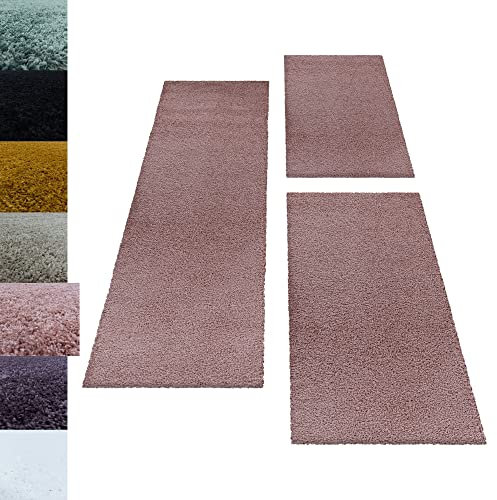 Carpettex Bettumrandung Schlafzimmer 3teilig Shaggy Teppich Hochflor Einfarbig Rose Bettset:2 mal 100x200 + 1 mal 80x250 - Bettvorleger Schlafzimmer Läufer Set Weich Flauschiger Bettumrandung Teppich