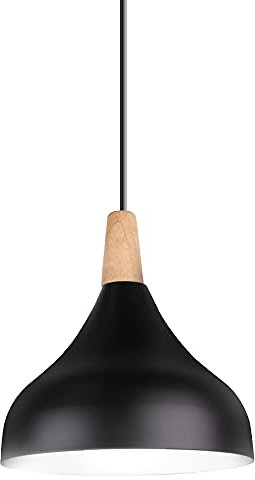 Hongho Suspension Luminaire Vintage Métal Lustre Industriel Lampes E27 Corde Ajustable Abat-jour Bois Aluminium pour Salon Cuisine Restaurant Salle à manger Chambre (Noir)