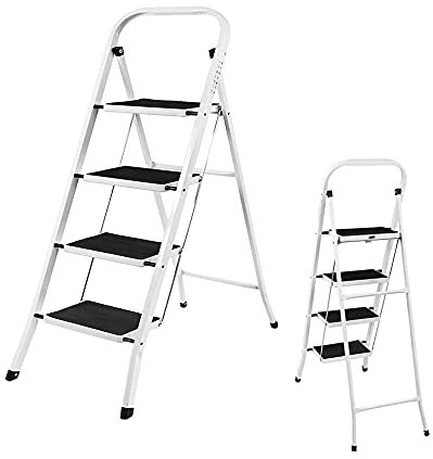 4 Step Ladder, Portable Folding Heavy Duty Ladder, Steel Step Ladder Stool, Non-Slip Steps, 150kg Capacity,Easy to Store,Ideal for Home/Kitchen/Garage/Office/Market/Garden