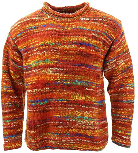LOUDelephant Maglione lavorato a maglia in lana grossa, motivo a strisce color arcobaleno retrò maglione lavorato a maglia 100% allentato oversize caldo