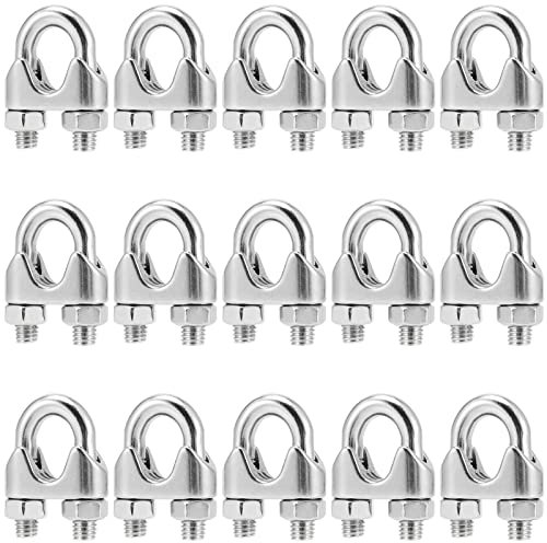 MUKCHAP 15 PCS M10 3/8 Inch Wire Rope Cable Clip Clamp, Stainless Steel Wire Rope Clip, Metal U Bolt Saddle Fastener, Rigging Hardware, Silver