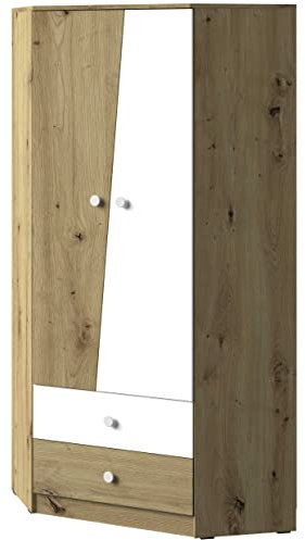 Marmex Nero NR 2 - Eckschrank mit Schubladen, funktioneller Eckschrank mit Einlegeböden für Jugendzimmer, für Kinderzimmer (Eiche Artisan + weiße Matte + weißer Griff)