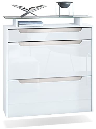 Vladon Schuhschrank Annie, Schuhkipper für 16 Paar Schuhe mit 2 Klappen, 1 Schublade und Glasablage, Weiß matt/Weiß Hochglanz, Griffmulden in Sandgrau Hochglanz (89 x 96 x 23 cm)