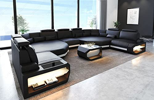 XXL Sofa Wohnlandschaft Asti mit LED-Beleuchtung Couch in Leder Designersofa mit Kopfstützen und USB-Anschluss (Große Ecke rechts (auf Sofa blickend), Schwarz-Weiss)
