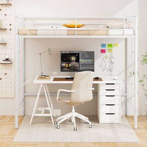 Multigot Loft Bunk Bed, 2 Ladders Metal High Sleeper with Safety Guardrail, Home Dormitory Apartment Single Bed Frame for Kids Teens Adults (White)