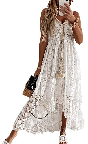 Damen-Maxikleid mit V-Ausschnitt, ärmellos, gestrickt, Spitze, Cutout, Schlinge, Rüschen, offener Rücken, unregelmäßiger Saum, Vintage-Partykleid, Boho, solides Strandkleid, weiß, S