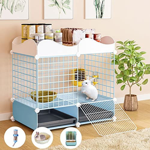 xixi-home Kaninchenstall Indoor Kaninchenkäfige Großes Kaninchenhaus Outdoor Hühnerstall und Gehege Meerschweinchenkäfig mit 2 verschiebbaren Tabletts Kaninchenzubehör 75 x 39 x 65 cm (blau)