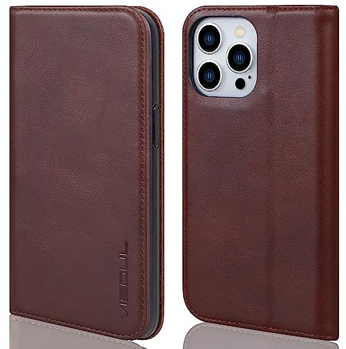 VISOUL Hülle für iPhone 14 Pro Handyhülle Erstklassiges Echtleder Schützt vor Stoß 3 Kartenfächer Magnet Standfunktion TPU RFID Schutzhülle Lederhülle Kaffee