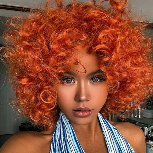 PORSMEER Afro Perücke Damen Synthetische große lockige Perücke mit Pony Natürliche Haar für Frauen Herren,Kurze Orange Bob Perücken für Halloween Cosplay Film Kostüm Perücke