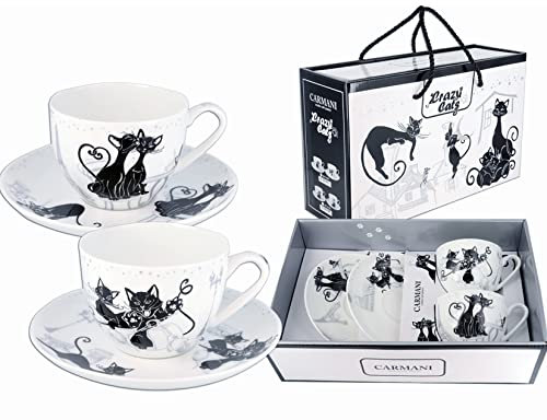 CARMANI - Fancy Tea Cup and Saucer Set of 2 with 'Crazy Cats' 250 ml