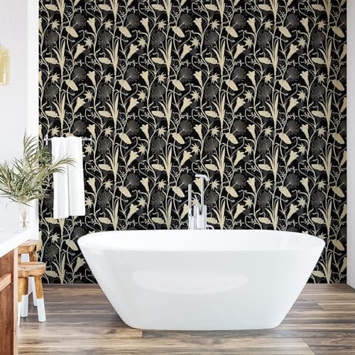 ABAKUHAUS Jugendstil abziehbare & klebbare Tapete für Zuhause, Mutter Natur Blüten, selbstklebendes Wohnzimmer Küchenakzent, 33 cm x 250 cm, Schwarz und Elfenbein