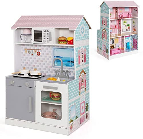 COSTWAY 2 in 1 Kids Toy Kitchen and Dollhouse, Double Sided Pretend Playset with Doll Furniture & Kitchen Accessories, for 3+ Years Old Children (Blue)
