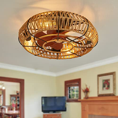 JDALX Industrial Lampadario con Ventilatore Da Soffitto Reversibile Timer Retro Lámpara Ventilador Techo Cuerda De Cáñamo Silencioso Vintage Ventilador Ultra Camera Da Letto Bar Soggiorno-A