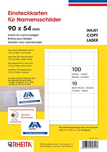Rheita 5311 Einsteckkarten für Namensschilder, 100 Stück auf 10 Bögen DIN A 4 mit je 10 Karten, 90 x 54 mm