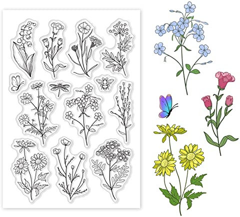GLOBLELAND Wildblume Klare Stempel für Kartenherstellung Dekorative Vintage Pflanzen Blumen Blätter Biene Transparente Silikon Stempel