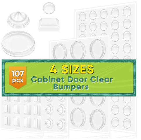 4 Sizes 107 PCS Clear Rubber Feet Adhesive, Soft Bumper Pads for Noise Dampening and Cushioning, Buffer Non Slip Pads for Cabinet Doors, Drawers, Glass, Cupboard, Picture Frames, Cutting Boards