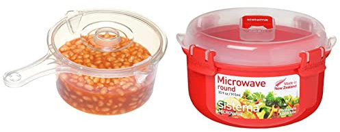 KitchenCraft Microwave Saucepan and Lid, BPA-Free Plastic Microwave Saucepan, 900 ml, Transparent & Sistema Microwave Round Bowl - Microwave Food Container - 915 ml - BPA-Free - Red/Clear