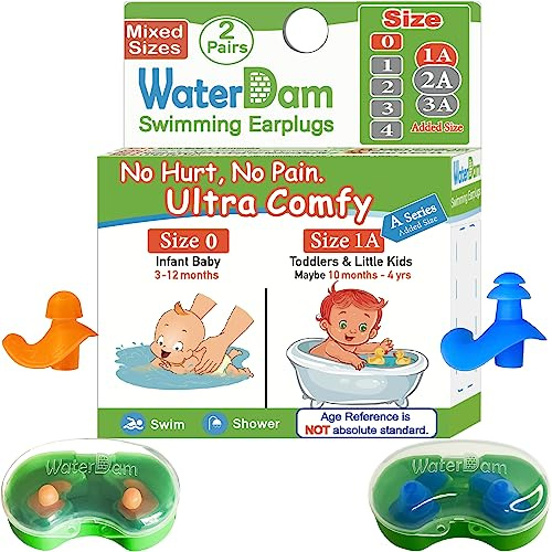 WaterDam Swimming Ear Plugs Ultra Comfy Great Waterproof Swim Earplugs Prevent Swimmer's Ear (Size 0+1A: Infants Babies Toddlers 3-18months (Orange Blue))