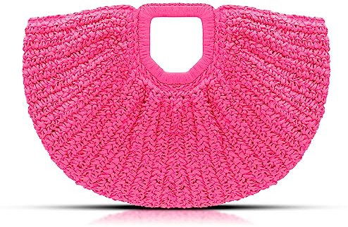 QTKJ Strohtasche, Strandtaschen für Frauen, halbrunde gewebte Strandhandtasche, handgefertigte Rattan-Handtasche für Urlaub, Reisen, täglich (Rosa), Pink