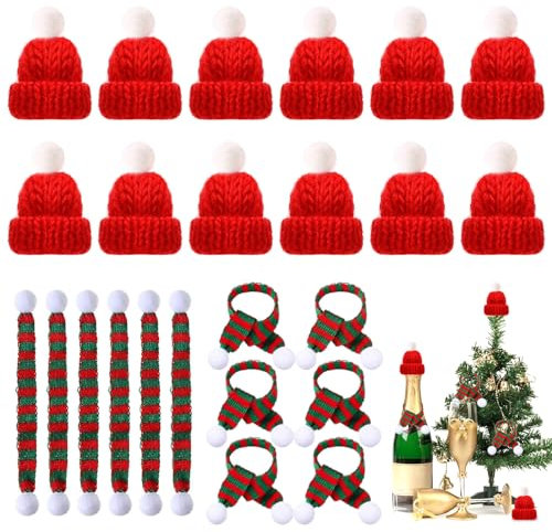 ENAIAH 24 Piezas Mini Sombrero de Navidad,Mini Bufanda de Navidad Mini Gorro De Papá Noel Mini sombreros de punto de Navidad para decoración de mesa,taza,cubiertos,botellas de vino de Navidad