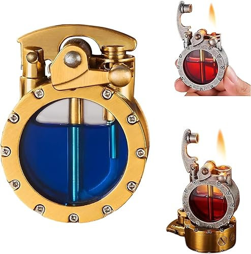 Vintage Grabenfeuerzeug, transparentes Kerosin-Feuerzeug, wiederverwendbar, Winddicht, Taschenfeuerzeug mit transparentem sichtbarem Kraftstofftank, antikes Steampunk-Feuerzeug (Gold)