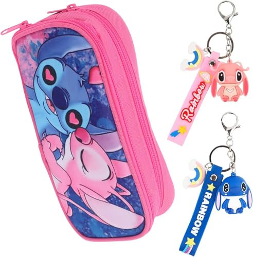 Yisscen Stitch Trousse à Crayons pour Enfants, 2 Porte-clés Stitch, Trousse d'école remplie, Trousse de Papeterie Portable Pochettes à Crayons, pour Enfants et garçons Filles (Rose)