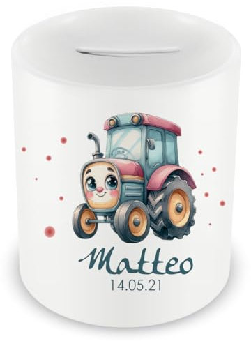 Samunshi® Kinder Spardose mit Namen und Süßer Trecker Traktor als Motiv für Kinder - Jungen und Mädchen Sparschwein 330ml weiß