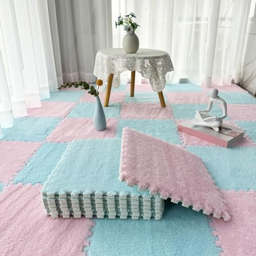 Plüsch-Puzzle-Schaum-Bodenmatten-Teppich, Puzzle-Teppiche Für Wohnzimmer, Spielmatte Für Boden Mit Rand, Ineinandergreifende Teppichfliesen, 150 Stück(Size:0.39 inch,Color:Rosa+Hellblau)