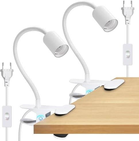 Lampe à Pince E27, 2PCS Lampe Pince pour Lit, Douille Ampoule E27 à Pince avec Interrupteur et 220cm Cable,Lampe de Lecture avec Clip Métal, Spot à Pince à Col De Cygne épaissie de 35cm, pour Table